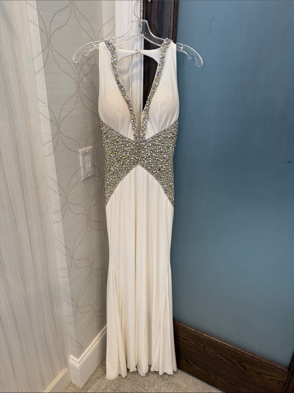 Mac Duggal White Evening Gown with Silver Beading